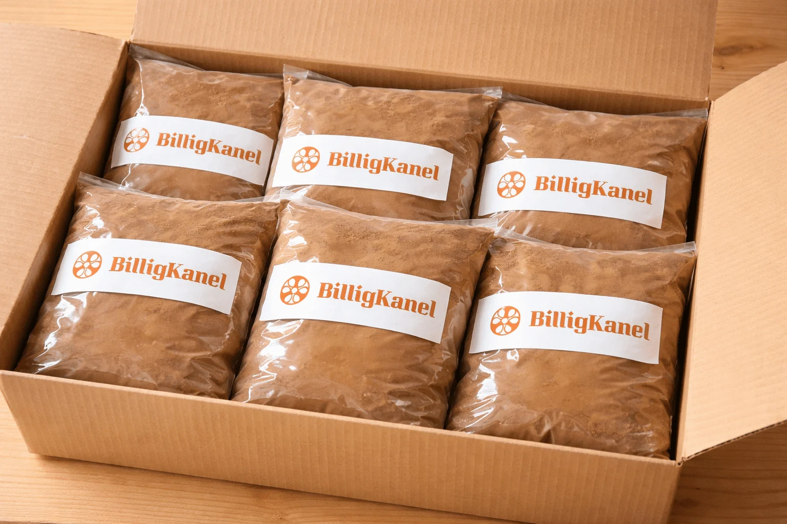kanelposer pakket i forsendelseskasse fra BilligKanel